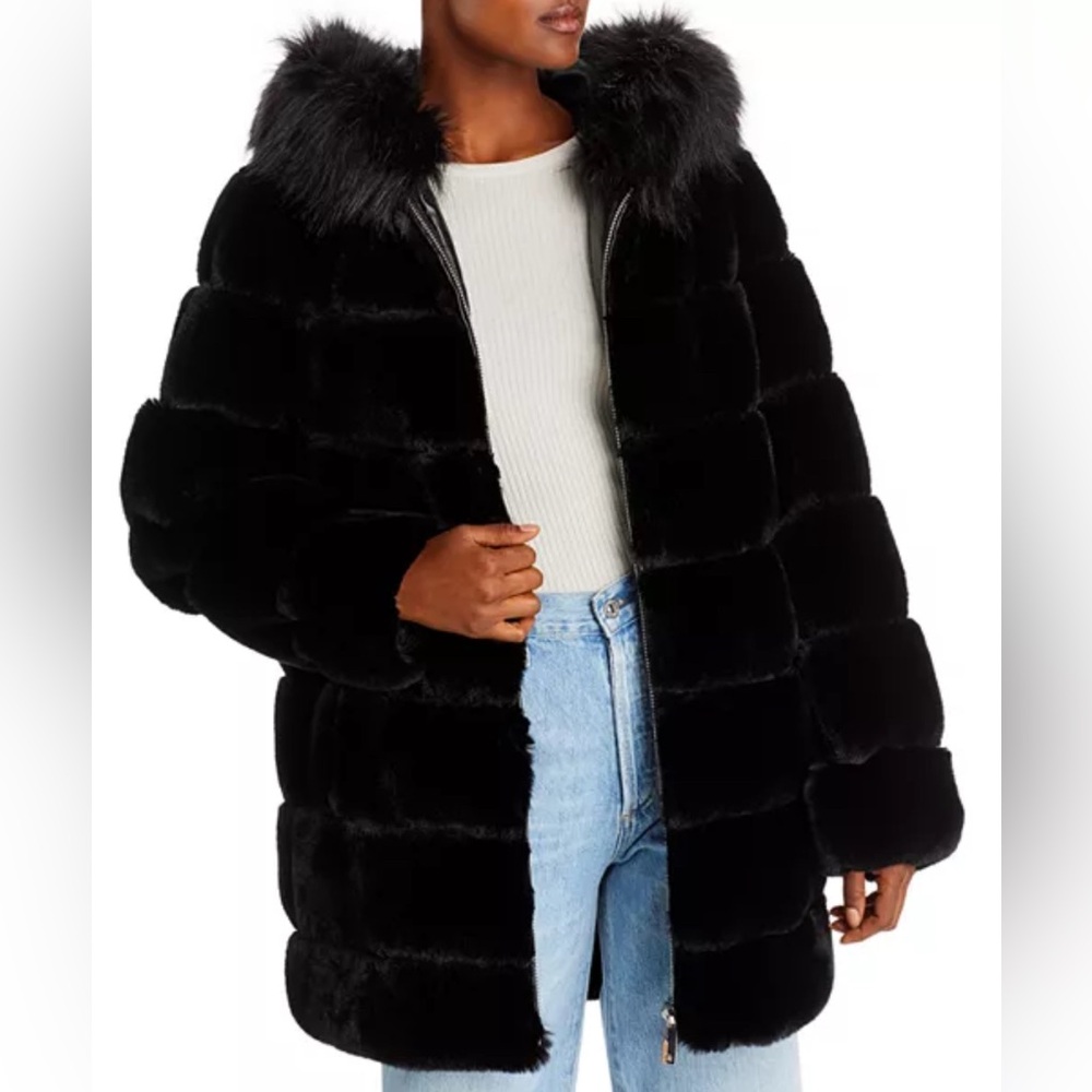 Calvin Klein Black Hooded Faux Fur Jacket - Picture 2 of 10